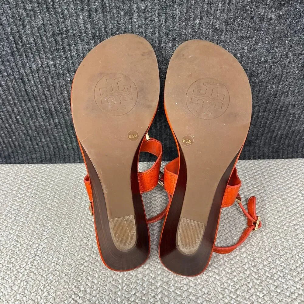 Tory Burch Robinson Demi Wedge Sandals Thong Slingback Orange Leather Womens 8.5